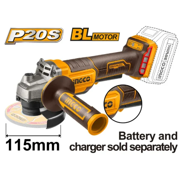 БАТЕРИСКА БРУСИЛКА 20V 115mm 3000/8000 RPM СОЛО БЕЗ БАТЕРИИ INGCO CAGLI211156
