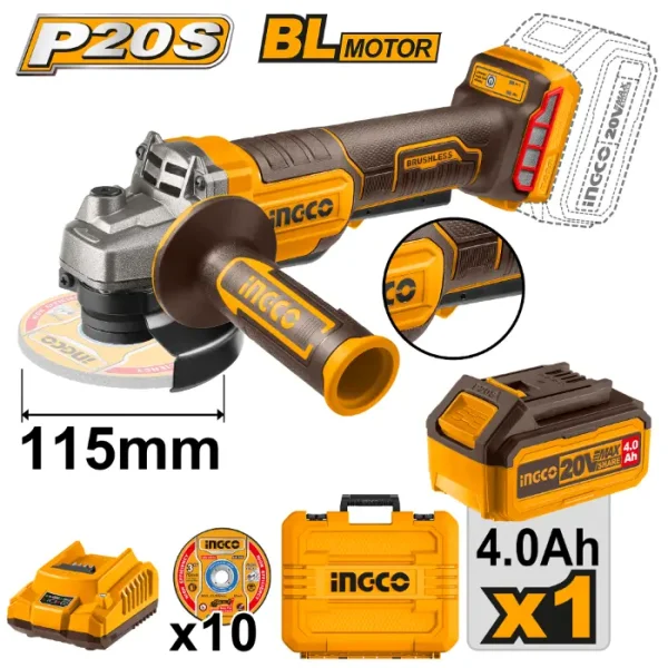 БАТЕРИСКА БРУСИЛКА 20V 115mm 1x4.0Ah БАТЕРИЈА +10 КАМЕЊА INGCO CAGLI2111561