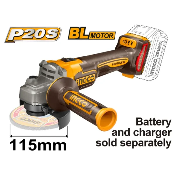 БАТЕРИСКА БРУСИЛКА 20V 115mm 3000/6000/9000 RPM СОЛО БЕЗ БАТЕРИИ INGCO CAGLI21154