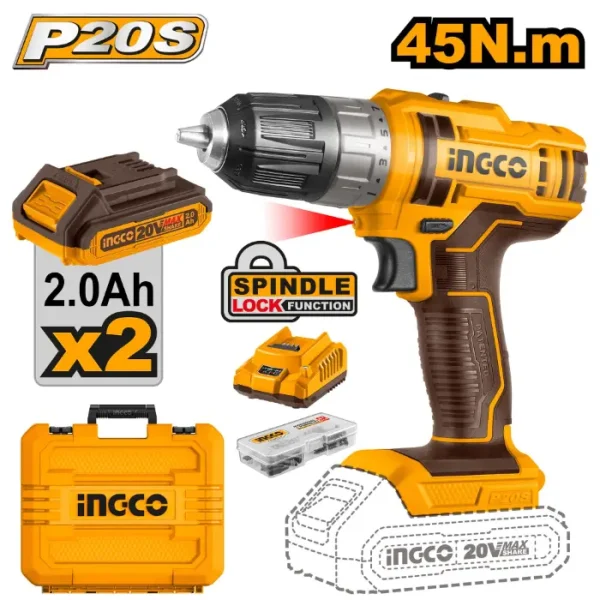 БАТЕРИСКА ШТРАФИЛИЦА 20V 2x2Ah БАТЕРИИ 45Nm INGCO CDLI200528