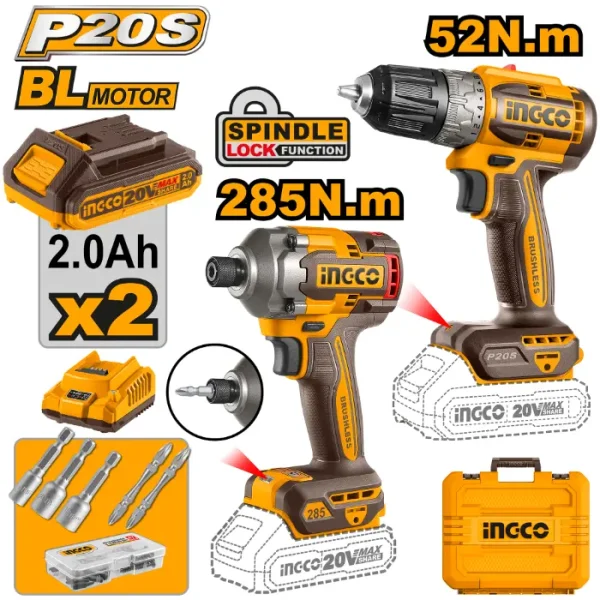 БАТЕРИСКИ COMBO СЕТ 2/1 20V ШTРАФИЛИЦА 52Nm + УДАРЕН ОДВРТУВАЧ 285Nm - INGCO CKLI20272