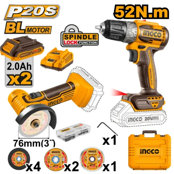 COMBO СЕТ 2/1 20V ШТРАФИЛИЦА 52Nm + мини БРУСИЛКА 76mm 2x2.0Ah БАТЕРИИ - INGCO CKLI20278