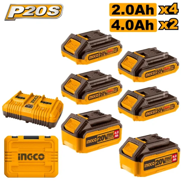 СЕТ 4 БАТЕРИИ 20v 2x2Ah + 2x4A + ДУПЛИ ПОЛНАЧ 4A + КУФЕР INGCO COSLI230701