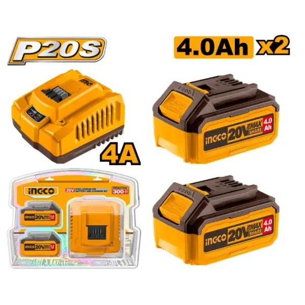 СЕТ 2 БАТЕРИИ 20v 2x4Ah + ПОЛНАЧ 4A INGCO FBCPK1424