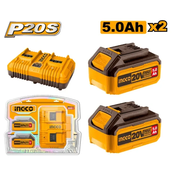 СЕТ 2 БАТЕРИИ 20V 2x5.0Ah + ДУПЛИ ПОЛНАЧ 4A INGCO FBCPK2425