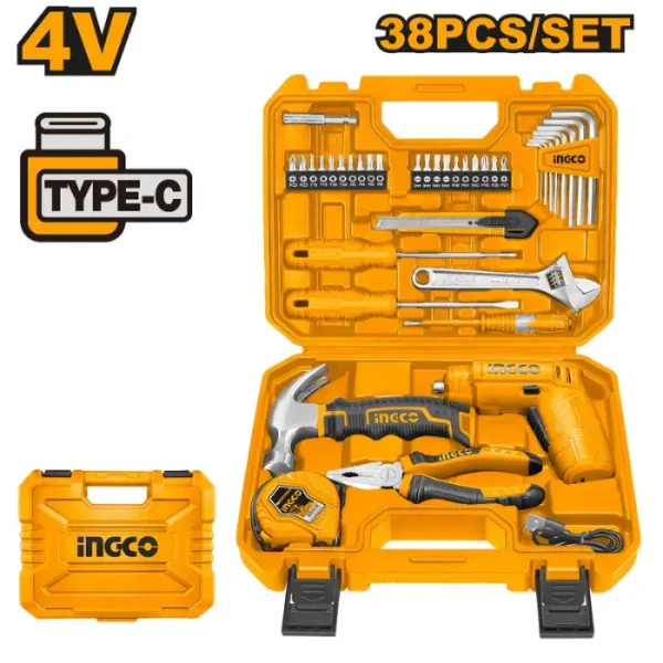 СЕТ РАЧЕН АЛАТ + Мини Штрафилица со полнач Type-C сет 38/1 INGCO HKTHP10381