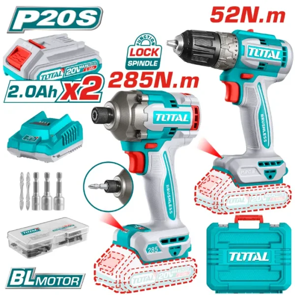 СЕТ 2/1 ШТРАФИЛИЦА 52Nm + ОДВРТУВАЧ 285Nm 20V 2x2.0Ah TOTAL TCKLI20272