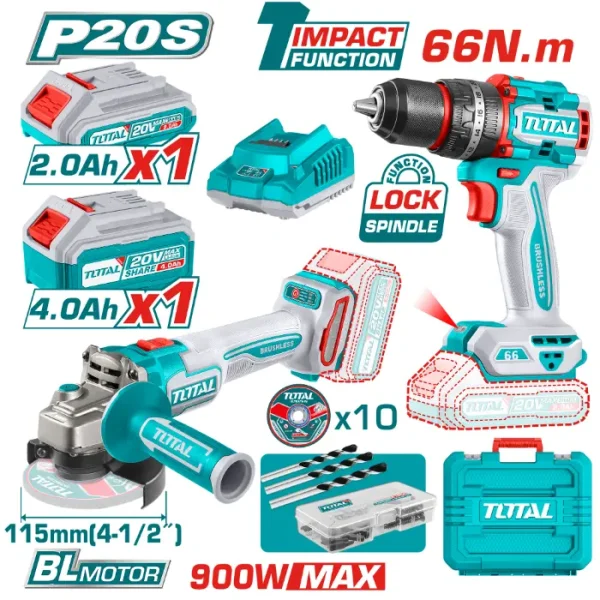 COMBO СЕТ 2/1 ШТРАФИЛИЦА 66Nm + АГОЛНА БРУСИЛКА 900W 1x2.0Ah 1x4.0Ah TOTAL 20V TCKLI20273