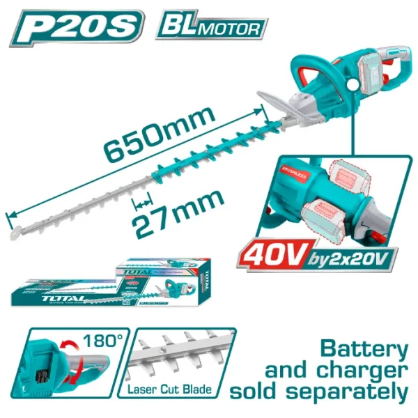 ТРИМЕР ЗА ЖИВА ОГРАДА 650mm 40v (2x20V) СОЛО БЕЗ БАТЕРИИ TOTAL THTLI40028