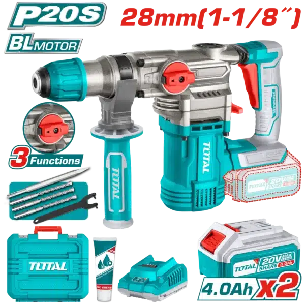 УДАРЕН ЧЕКАН ДУПЧАЛКА SDS+ ХИЛТА 28mm 2x4.0Ah БАТЕРИИ TOTAL TRHLI202882