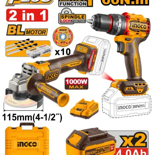 БАТЕРИСКИ COMBO СЕТ 2/1 20V ШTРАФИЛИЦА 66Nm+ БРУСИЛКА 2x4.0Ah БАТЕРИИ - INGCO CKLI20273