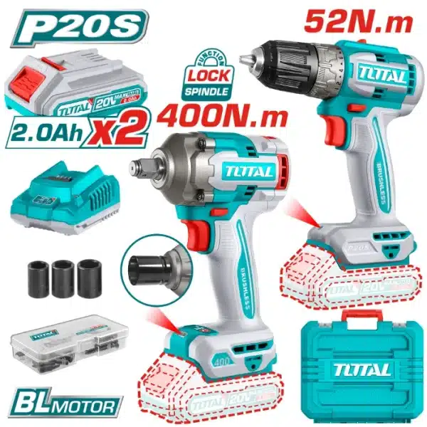 COMBO СЕТ 2/1 ШТРАФИЛИЦА 52Nm + ОДВРТУВАЧ 400Nm 20V 2x2.0Ah TOTAL TCKLI20271
