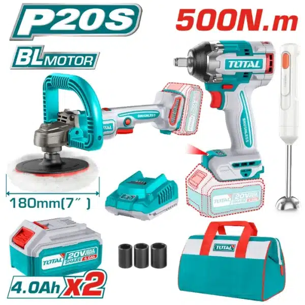 COMBO СЕТ 3/1 TOTAL 20V ОДВРТУВАЧ 500Nm + ПОЛИРКА 180mm + РАЧЕН БЛЕНДЕР 2x4.0Ah БАТЕРИИ TOSLI240686