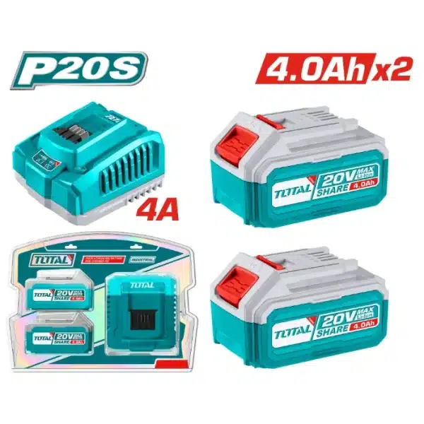 БАТЕРИИ TOTAL 20V 2x4.0Ah + ПОЛНАЧ 4А TFBCPK1424