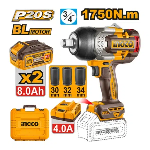 УДАРЕН ОДВРТУВАЧ 20V 1750Nm 2x8.0Ah БАТЕРИИ INGCO CIWLI20175