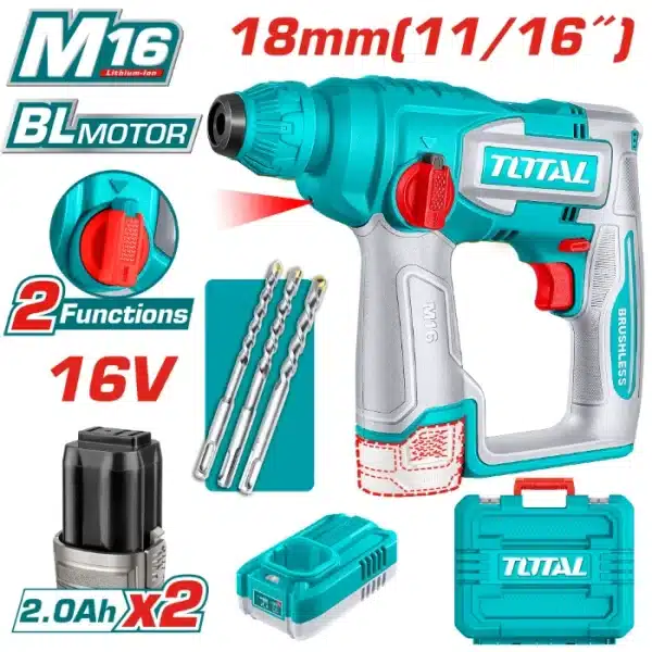 УДАРЕН ЧЕКАН ДУПЧАЛКА 18mm TOTAL SDS+ 16V 2x2.0Ah БАТЕРИИ TRHLI16168