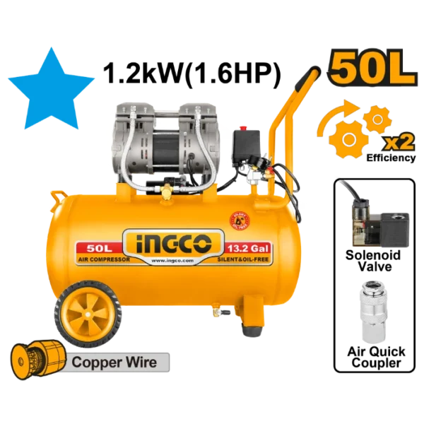 БЕЗМАСЛЕН КОМПРЕСОР 50L 1.2KW БЕЗУЉЕН INGCO ACS112501