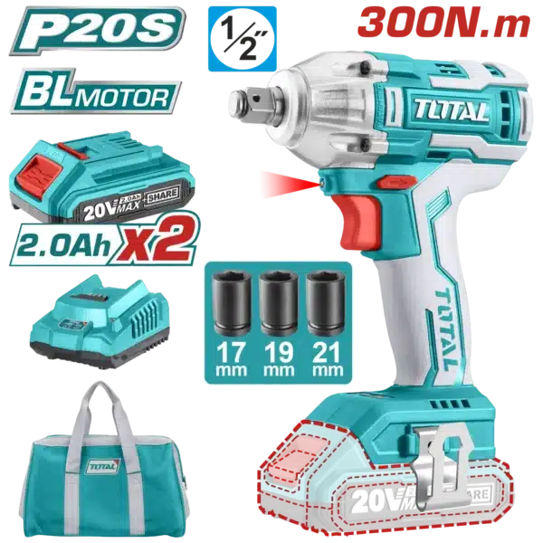 УДАРЕН ОДВРТУВАЧ 300Nm 20V 2x2.0Ah БАТЕРИИ TOTAL TIWLI2001