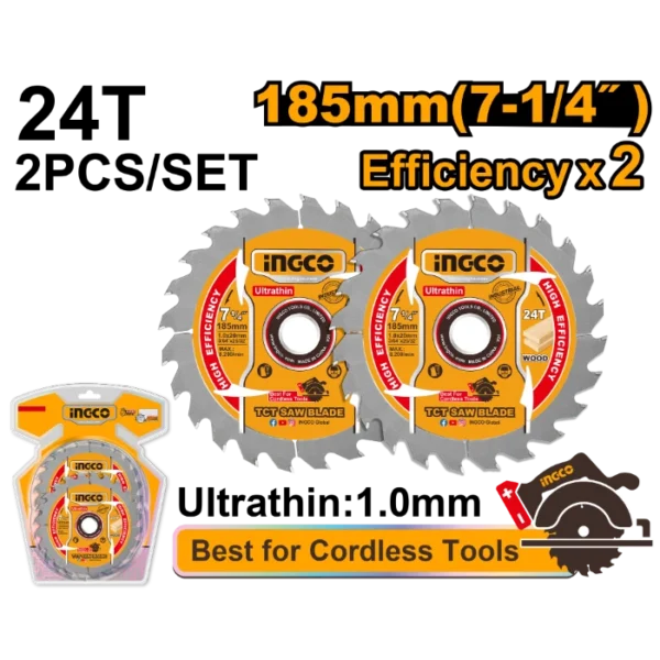 ПИЛА ЗА ДРВО ЗА ЦИРКУЛАР 185mm 24T СЕТ 2/1 ЗА БАТЕРИСКИ АЛАТ INGCO TSB1853