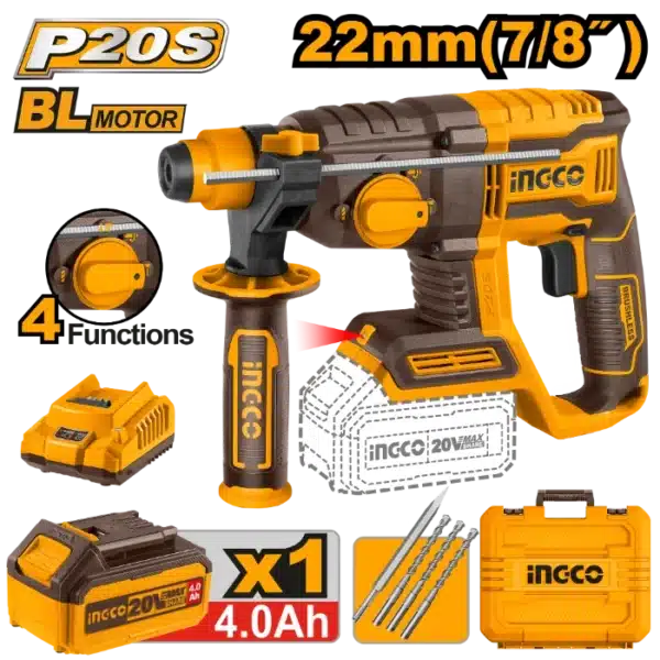 УДАРЕН ЧЕКАН ДУПЧАЛКА SDS+ 20V 1x4.0Ah 22mm INGCO CRHLI202081