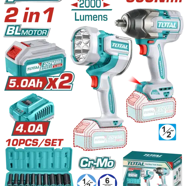 COMBO СЕТ 2/1 УДАРЕН ОДВРТУВАЧ 850Nm + СВЕТИЛКА 2000L 20V 2x5.0Ah TOTAL TOSLI241181