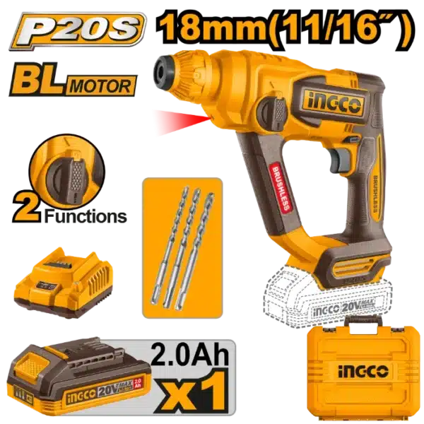 УДАРЕН ЧЕКАН ДУПЧАЛКА SDS+ 20V 1x2.0Ah 18mm INGCO CRHLI201881