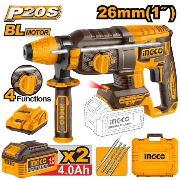 УДАРЕН ЧЕКАН ДУПЧАЛКА SDS+ 20V 2x4.0Ah 26mm INGCO CRHLI202682
