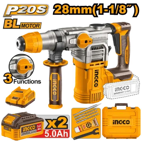 УДАРЕН ЧЕКАН ДУПЧАЛКА SDS+ 20V 2x5.0Ah 28mm INGCO CRHLI202885