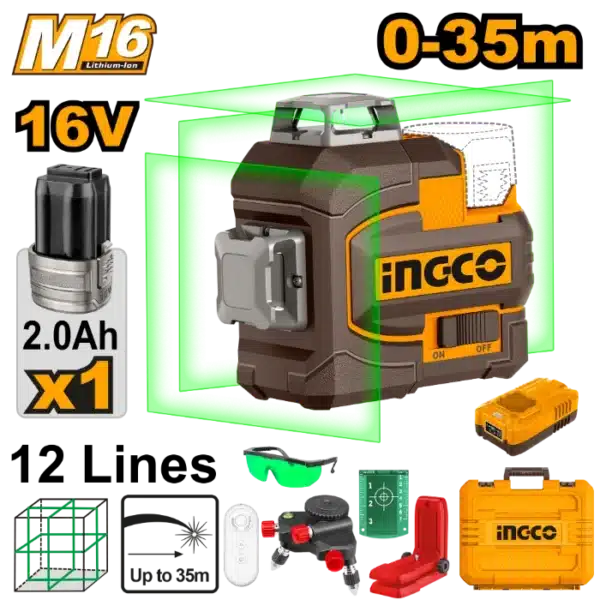 ЛАСЕР НИВЕЛАТОР 16V 0-35M 3D ЗЕЛЕН INGCO HLL301201
