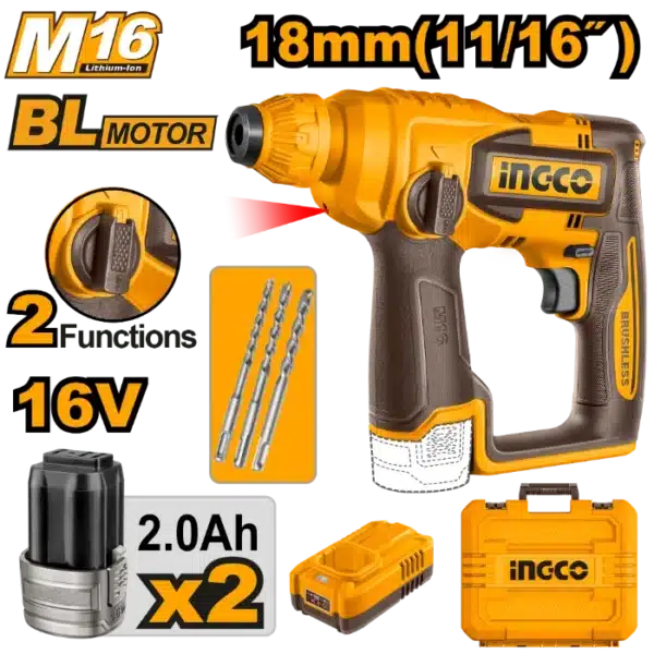 УДАРЕН ЧЕКАН ДУПЧАЛКА SDS+ 16V 2x2.0Ah 18mm INGCO CRHLI16168