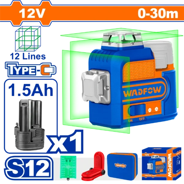 ЛАСЕРСКИ НИВЕЛАТОР 12 линии 12V 1x12Ah БАТЕРИЈА WADFOW WLE8M12
