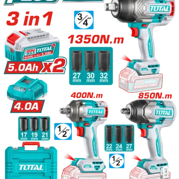 COMBO СЕТ 3/1 УДАРНИ ОДВРТУВАЧИ 1350Nm+850Nm+400Nm TOTAL TOSLI250386(M)