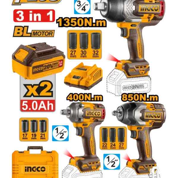 COMBO СЕТ 3/1 УДАРНИ ОДВРТУВАЧИ 1350Nm+850Nm+400Nm INGCO COSLI250386
