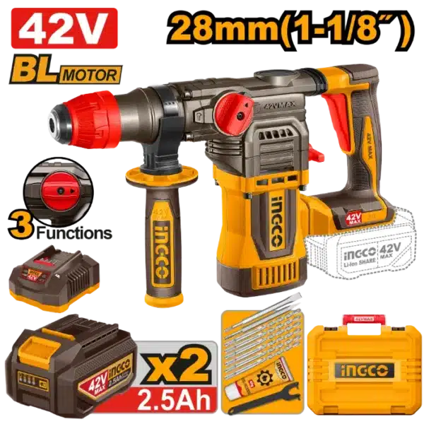 УДАРЕН ЧЕКАН ДУПЧАЛКА SDS+ 42V 2x2.5Ah 28mm INGCO CRHLI422882