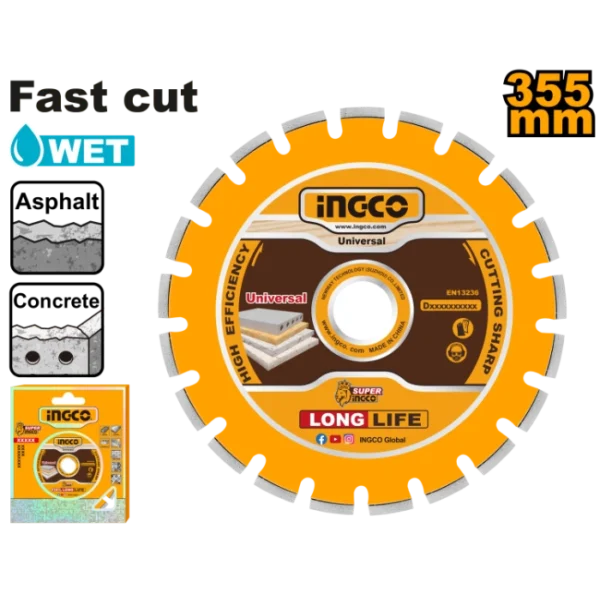 ДИЈАМАНТСКИ ДИСК 355mm ЗА GSF16-2 МОКРО БЕТОН+АСФАЛТ INGCO DMD033551
