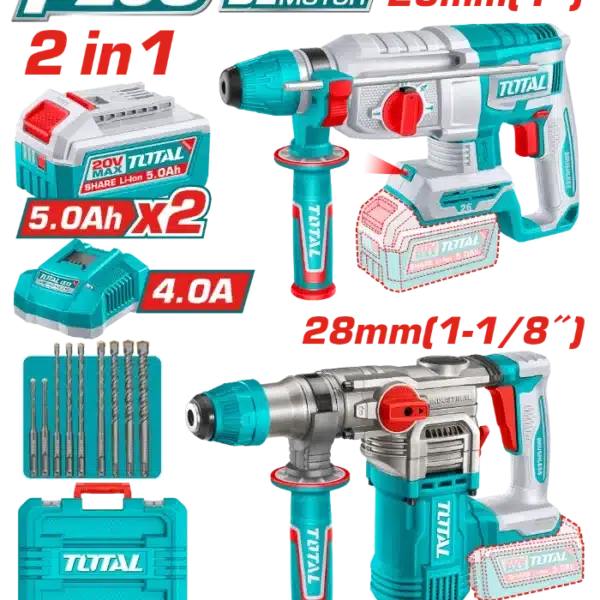 COMBO СЕТ 2/1 УДАРНИ ДУПЧАЛКИ 26mm + 28mm 20V 2x5.0Ah TOTAL TOSLI250462(M)