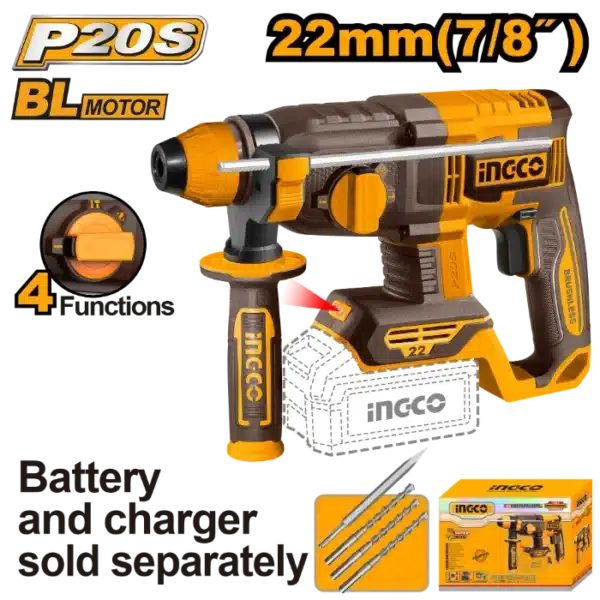УДАРЕН ЧЕКАН ДУПЧАЛКА SDS+ 20V СОЛО БЕЗ БАТЕРИИ 22mm INGCO CRHLI21228