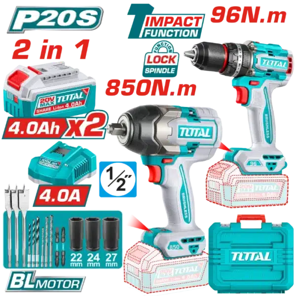COMBO СЕТ 2/1 УДАРЕН ОДВРТУВАЧ 850Nm + ШТРАФИЛИЦА 96Nm 2x4.0Ah TOTAL TOSLI250586