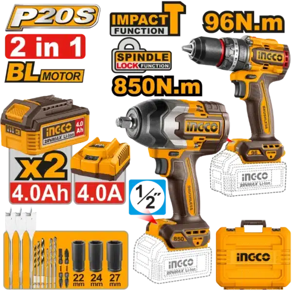 COMBO СЕТ 2/1 20V 2x4.0Ah УДАРЕН ОДВРТУВАЧ 850Nm + ШТРАФИЛИЦА 96Nm СЕТ INGCO COSLI250586