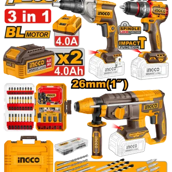 COMBO СЕТ 3/1 20V 2x4.0Ah ШТРАФИЛИЦА 66Nm + УДАРЕН ЧЕКАН 26mm + ШТРАФИЛИЦА ЗА ГИПСКАРТОН INGCO COSLI250591