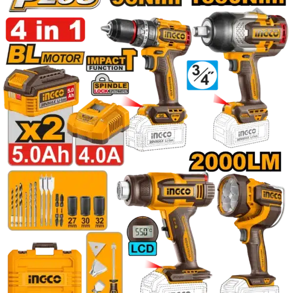 COMBO СЕТ 4/1 20V 2x5.0Ah INGCO COSLI250608