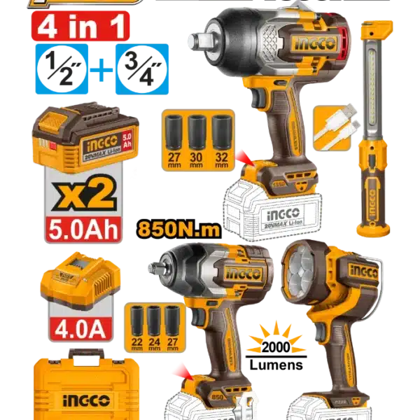 COMBO СЕТ 4/1 УДАРЕН ОДВРТУВАЧ 1350Nm+850Nm + СВЕТИЛКИ INGCO COSLI250782
