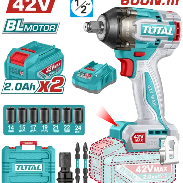 УДАРЕН ОДВРТУВАЧ 600Nm 42V 2x2.0Ah TOTAL TIWLI42602
