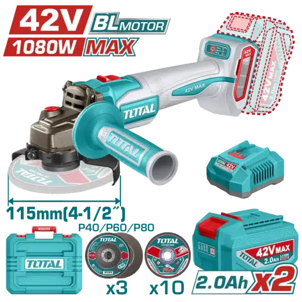 АГОЛНА БРУСАЛКА 115mm 1080W 42V 2x2.0Ah БАТЕРИИ TOTAL TAGLI4108112