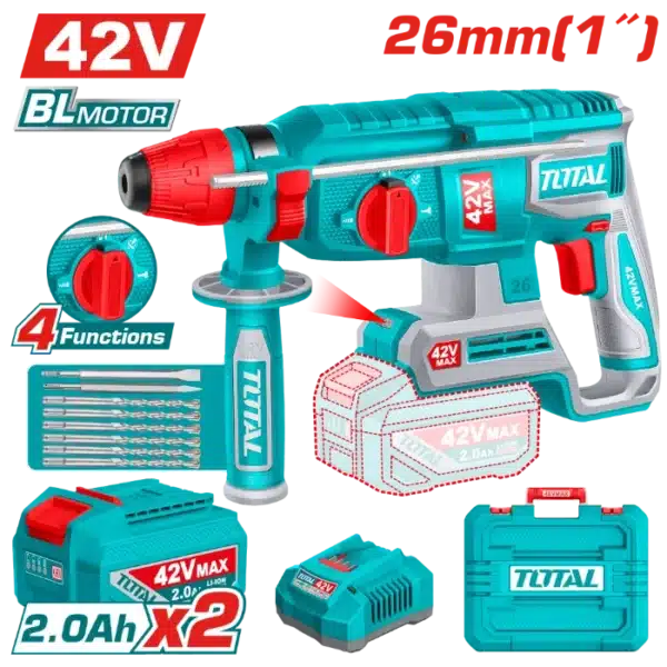 УДАРЕН ЧЕКАН ДУПЧАЛКА SDS+ 26mm 42V 2x2.0Ah TOTAL TRHLI422682