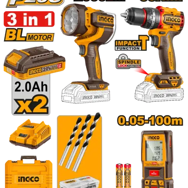 COMBO СЕТ 3/1 20V 2x2.0Ah ШТРАФИЛИЦА 66Nm + СВЕТИЛКА 2000LM + ЛАСЕРСКО МЕТРО INGCO COSLI250885