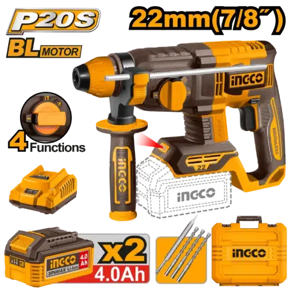 УДАРЕН ЧЕКАН ДУПЧАЛКА SDS+ 20V 2x4.0Ah 22mm INGCO CRHLI212282