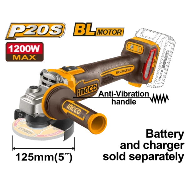 АГОЛНА БРУСИЛКА 20V СОЛО БЕЗ БАТЕРИИ 125mm 1200W BL АНТИВИБРАЦИСКА РАЧКА INGCO CAGLI212027