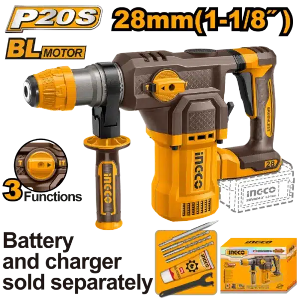 УДАРЕН ЧЕКАН ДУПЧАЛКА SDS+ 20V СОЛО БЕЗ БАТЕРИИ 28mm INGCO CRHLI20286