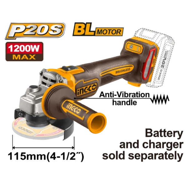 АГОЛНА БРУСИЛКА 20V СОЛО БЕЗ БАТЕРИИ 115mm 1200W BL АНТИВИБРАЦИСКА РАЧКА INGCO CAGLI212025